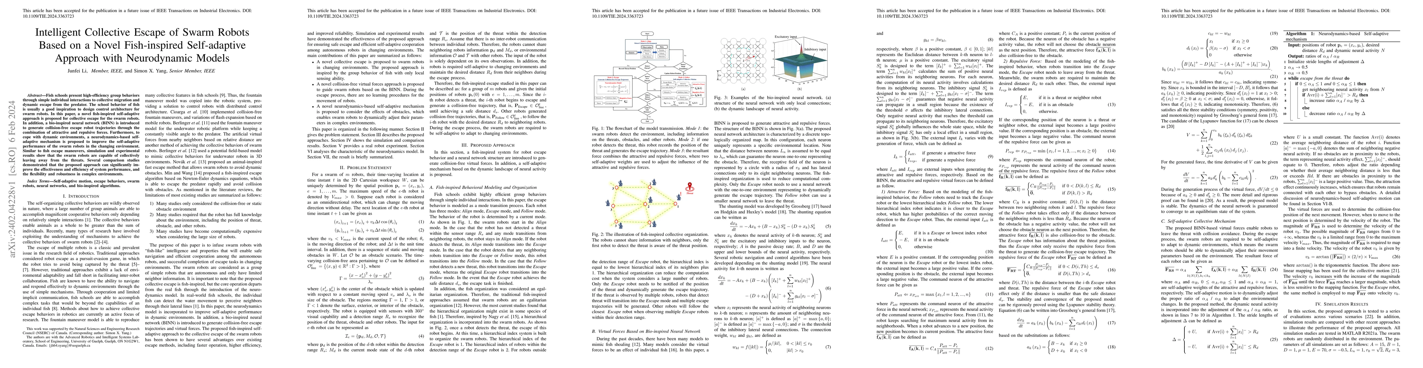 Thumbnail for Intelligent Collective Escape of Swarm Robots Based on a Novel
  Fish-inspired Self-adaptive Approach with Neurodynamic Models