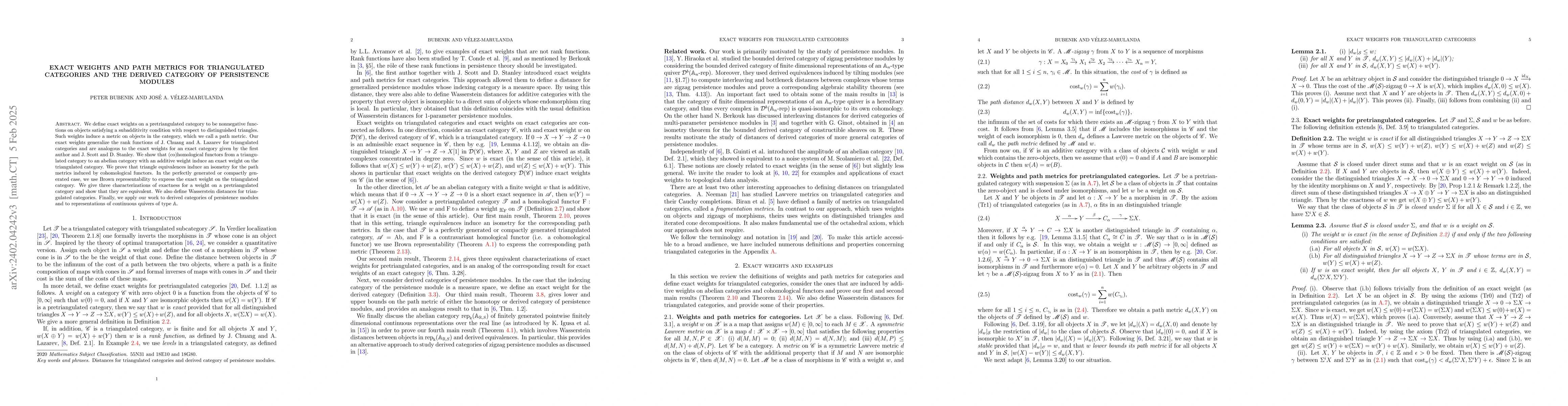 Thumbnail for Exact weights and path metrics for triangulated categories and the
  derived category of persistence modules