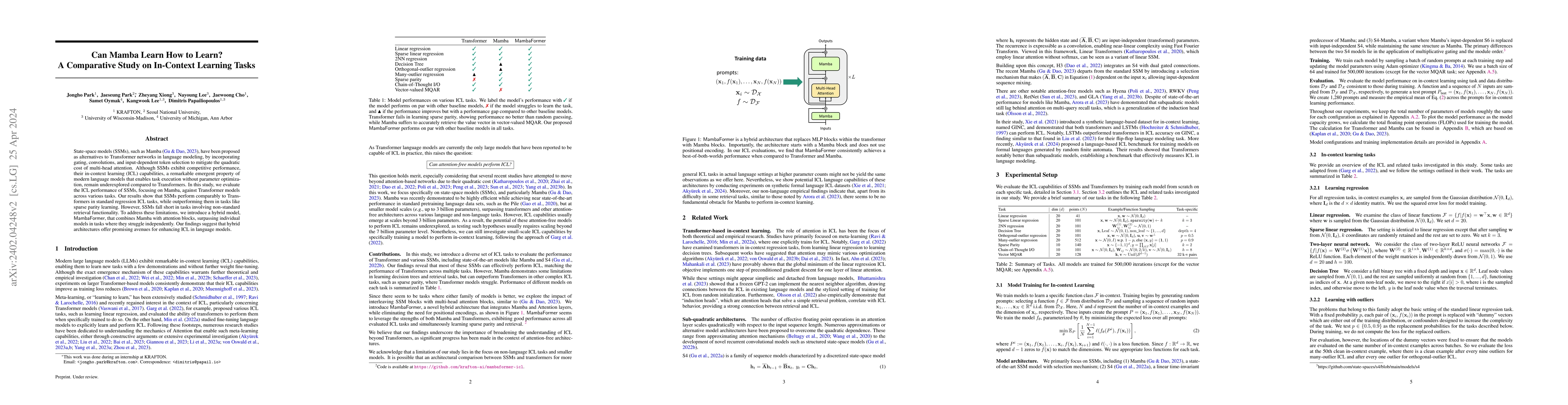 Thumbnail for Can Mamba Learn How to Learn? A Comparative Study on In-Context Learning
  Tasks