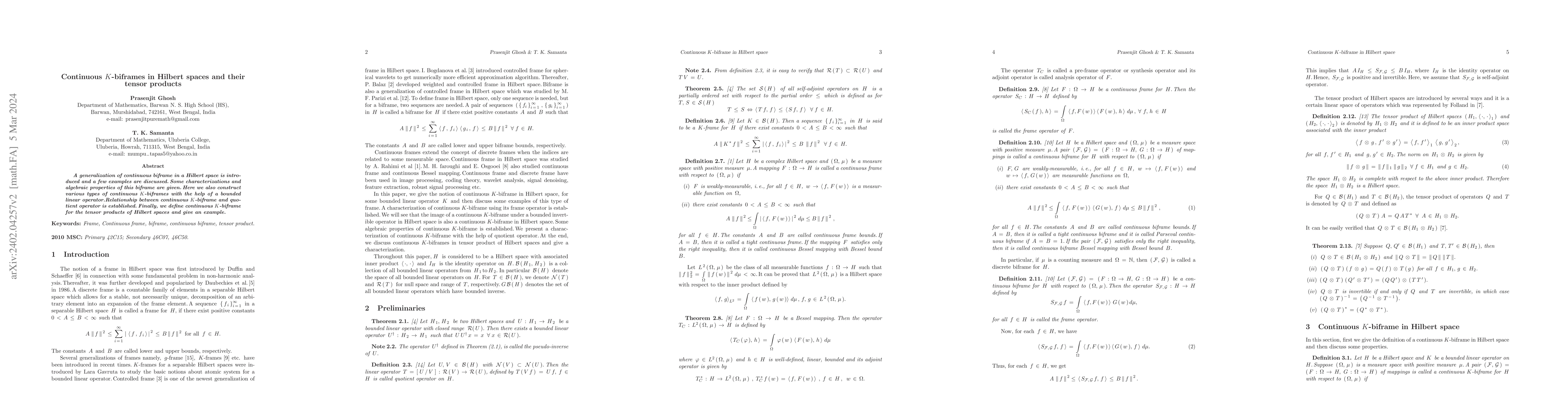 Thumbnail for Continuous K-biframes in Hilbert spaces and their tensor products