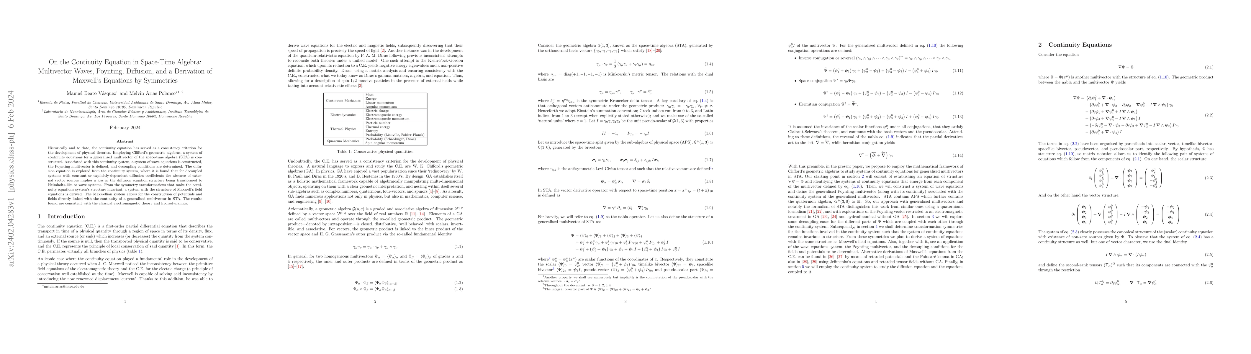 Thumbnail for On the Continuity Equation in Space-Time Algebra: Multivector Waves,
  Poynting, Diffusion, and a Derivation of Maxwell's Equations by Symmetries