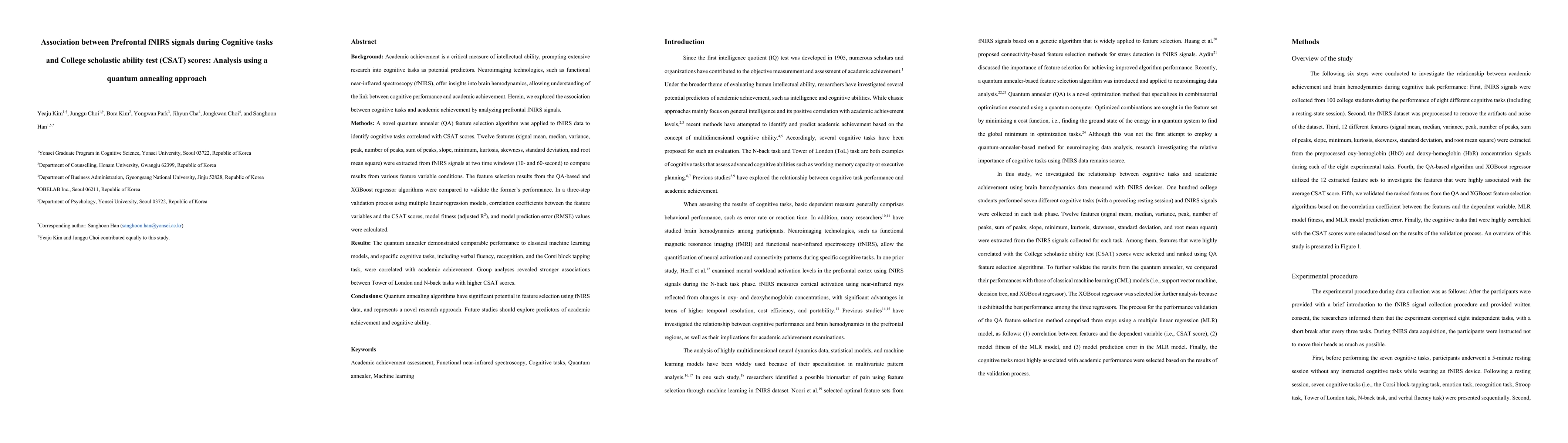 Thumbnail for Association between Prefrontal fNIRS signals during Cognitive tasks and
  College scholastic ability test (CSAT) scores: Analysis using a quantum
  annealing approach