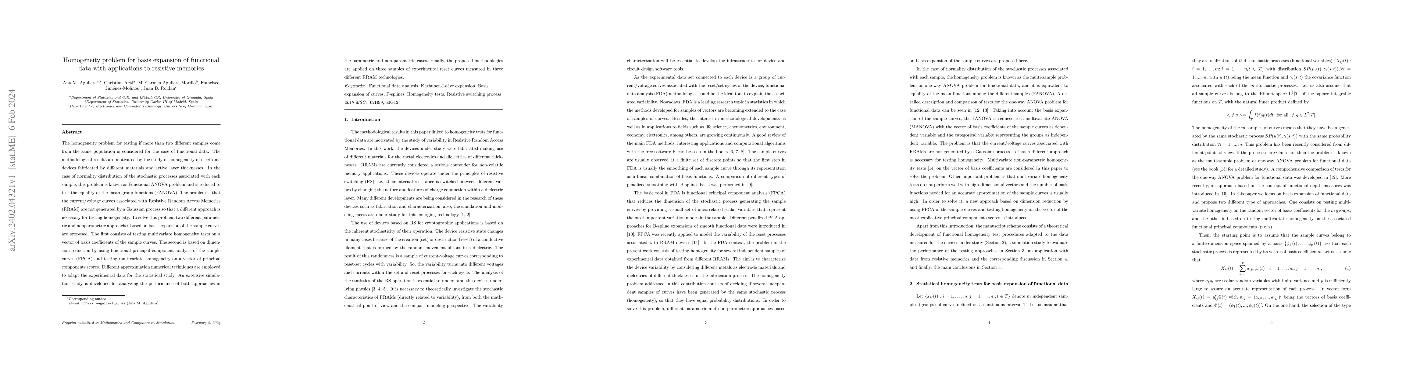 Thumbnail for Homogeneity problem for basis expansion of functional data with
  applications to resistive memories