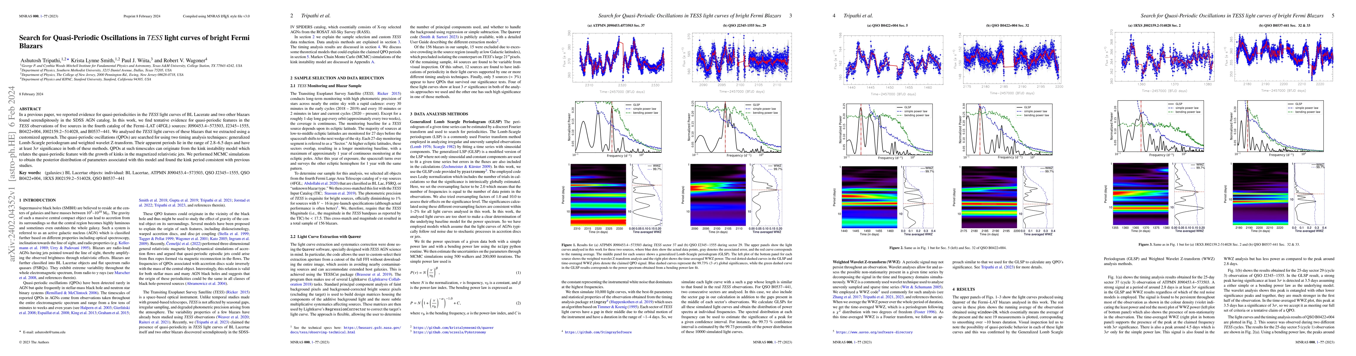 Thumbnail for Search for Quasi-Periodic Oscillations in TESS light curves of bright
  Fermi Blazars
