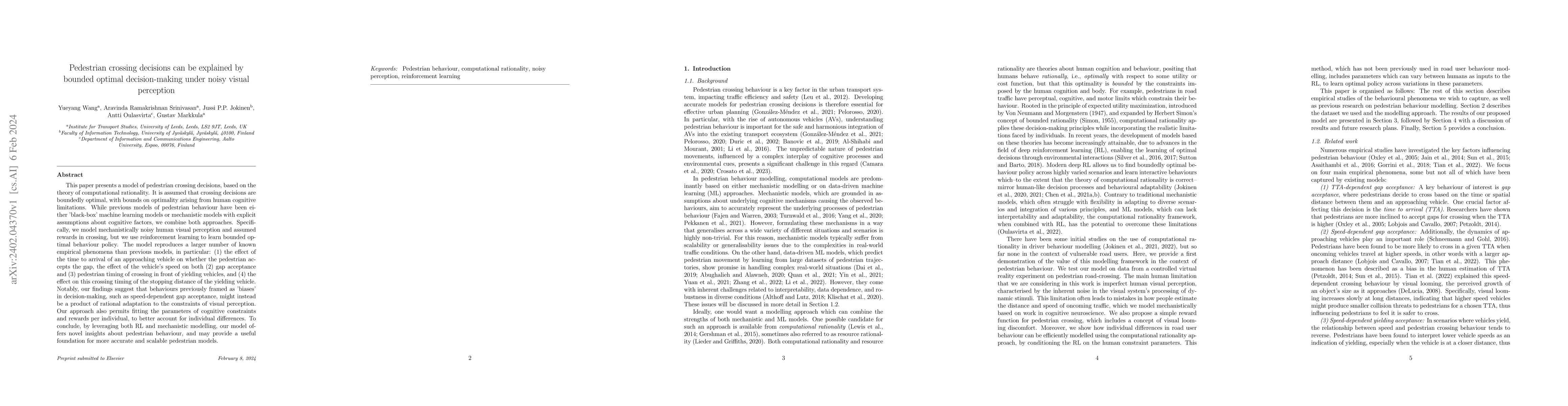 Thumbnail for Pedestrian crossing decisions can be explained by bounded optimal
  decision-making under noisy visual perception