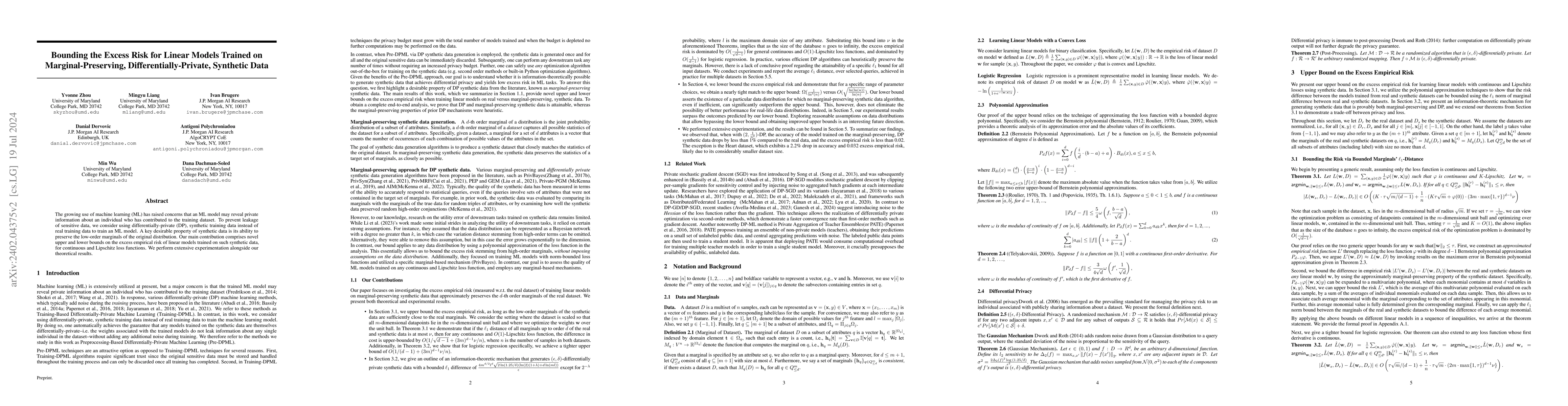 Thumbnail for Bounding the Excess Risk for Linear Models Trained on
  Marginal-Preserving, Differentially-Private, Synthetic Data