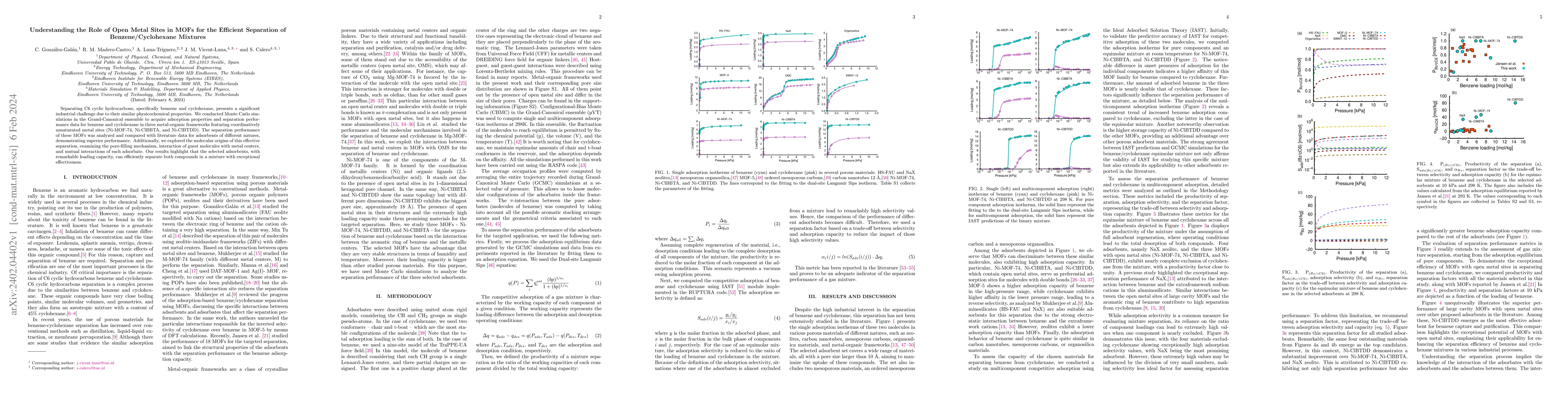 Thumbnail for Understanding the Role of Open Metal Sites in MOFs for the Efficient
  Separation of Benzene/Cyclohexane Mixtures