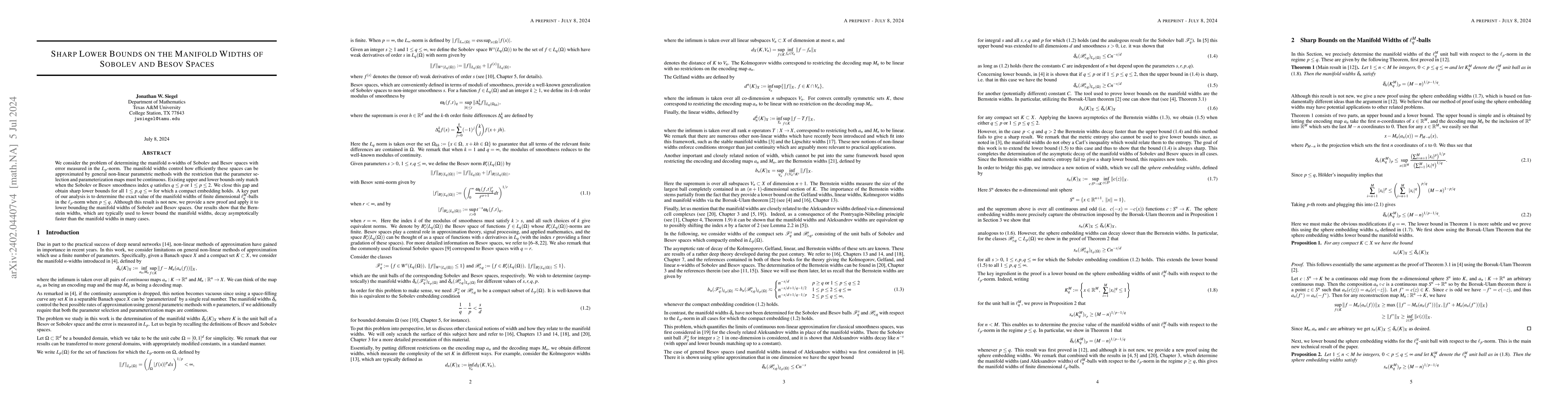 Thumbnail for Sharp Lower Bounds on the Manifold Widths of Sobolev and Besov Spaces