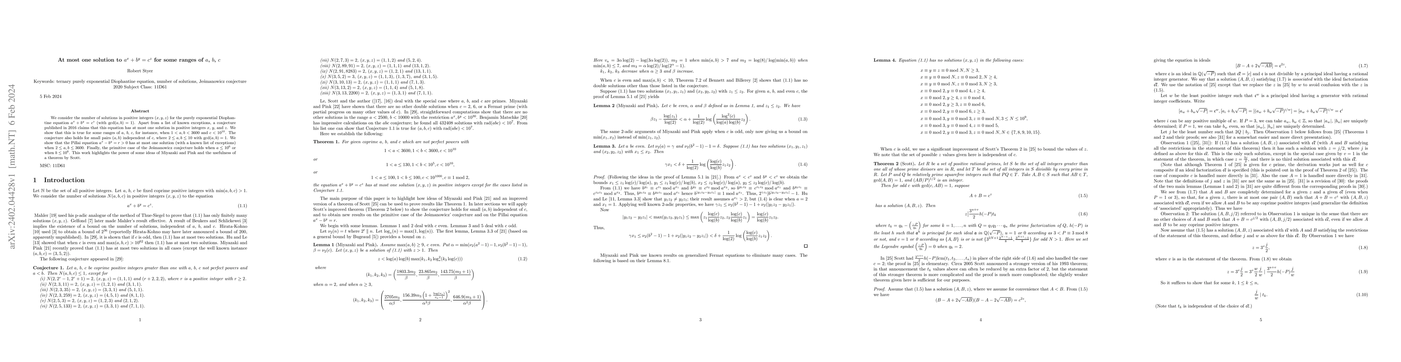 Thumbnail for At most one solution to $a^x + b^y = c^z$ for some ranges of $a$, $b$,
  $c$