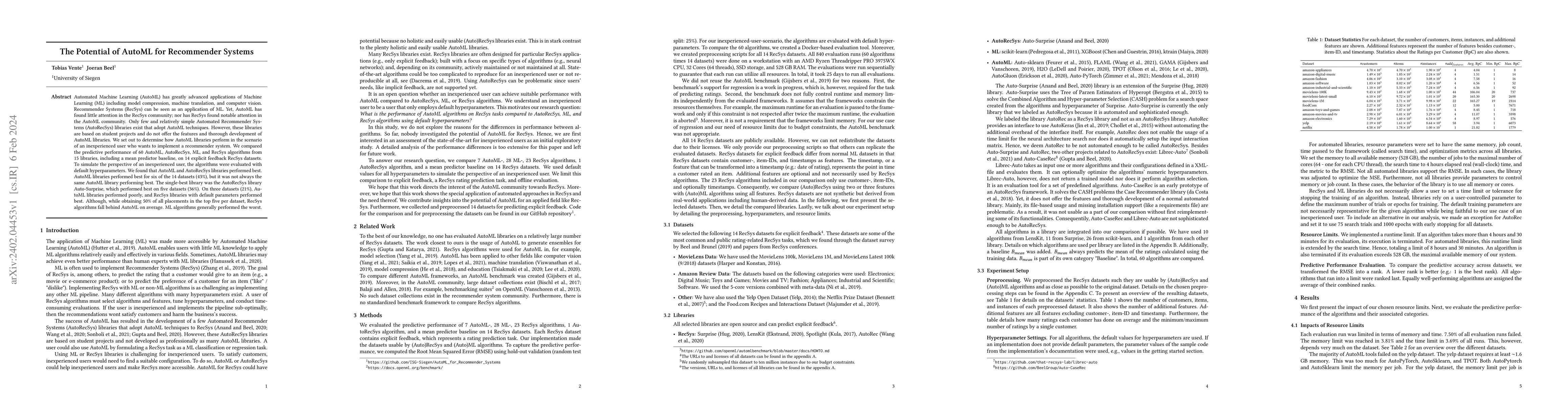 Thumbnail for The Potential of AutoML for Recommender Systems