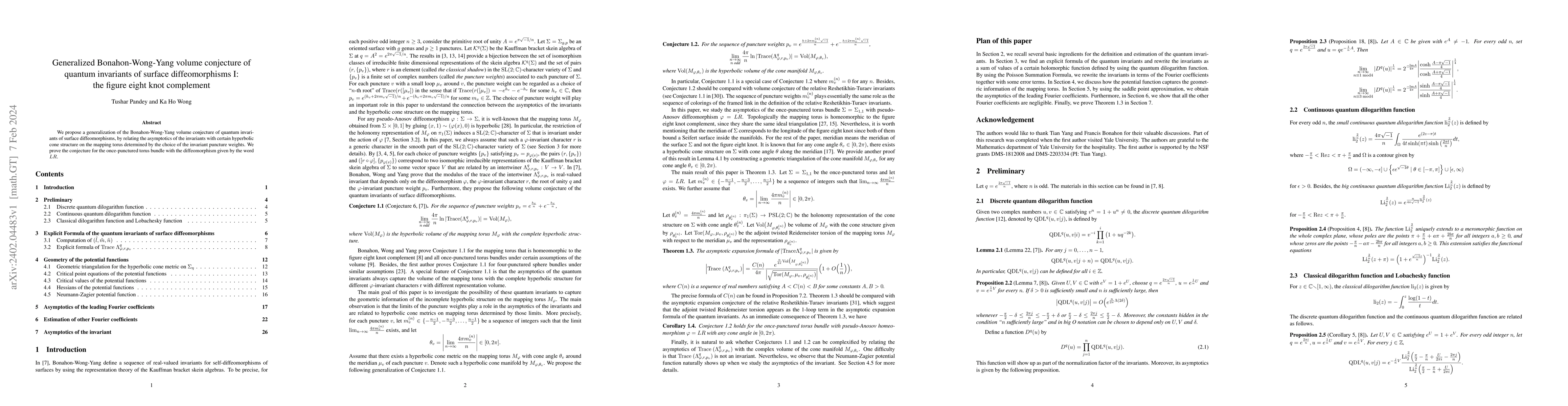 Thumbnail for Generalized Bonahon-Wong-Yang volume conjecture of quantum invariants of
  surface diffeomorphisms I: the figure eight knot complement