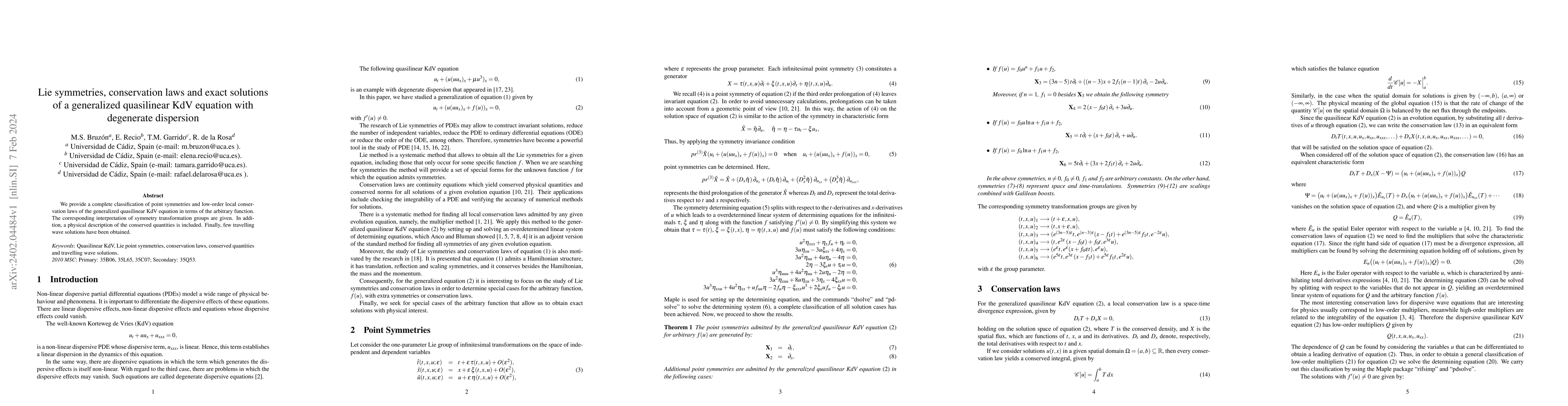 Thumbnail for Lie symmetries, conservation laws and exact solutions of a generalized
  quasilinear KdV equation with degenerate dispersion
