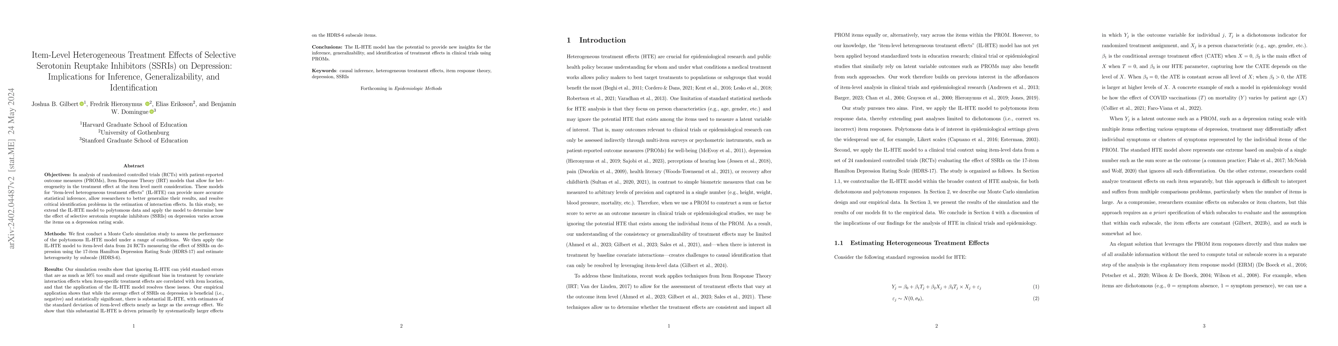 Thumbnail for Item-Level Heterogeneous Treatment Effects of Selective Serotonin
  Reuptake Inhibitors (SSRIs) on Depression: Implications for Inference,
  Generalizability, and Identification