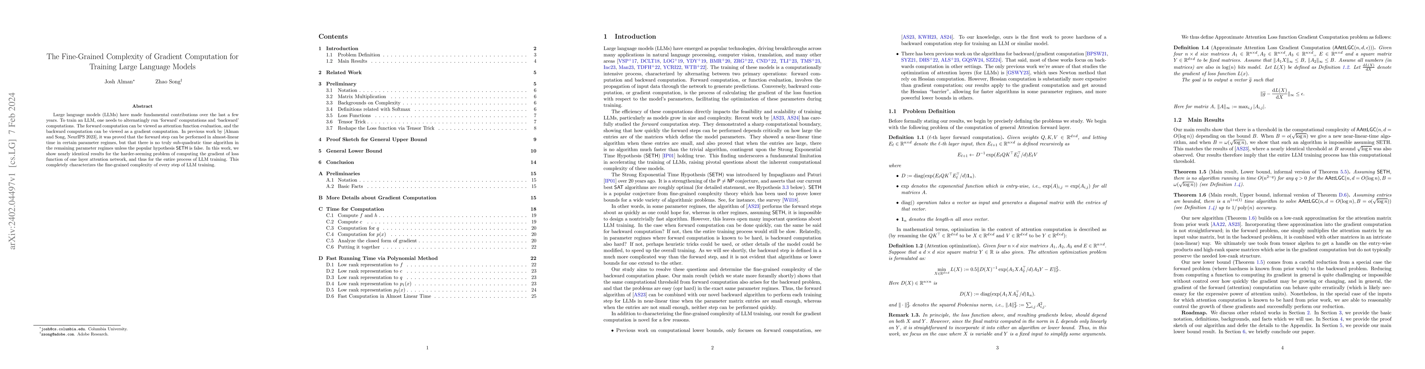 Thumbnail for The Fine-Grained Complexity of Gradient Computation for Training Large
  Language Models