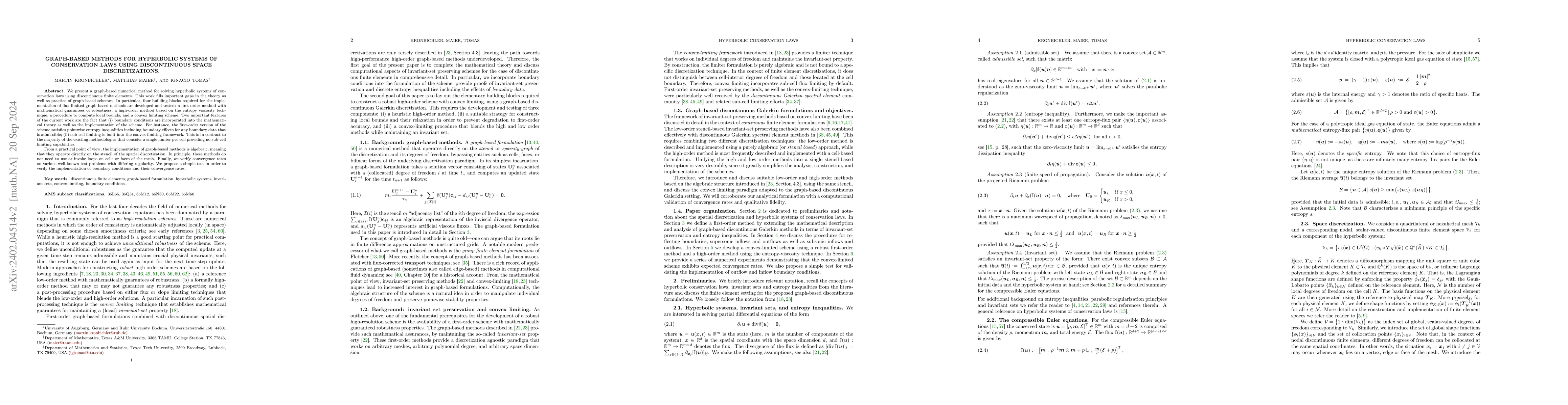 Thumbnail for Graph-based methods for hyperbolic systems of conservation laws using
  discontinuous space discretizations, Part I: building blocks