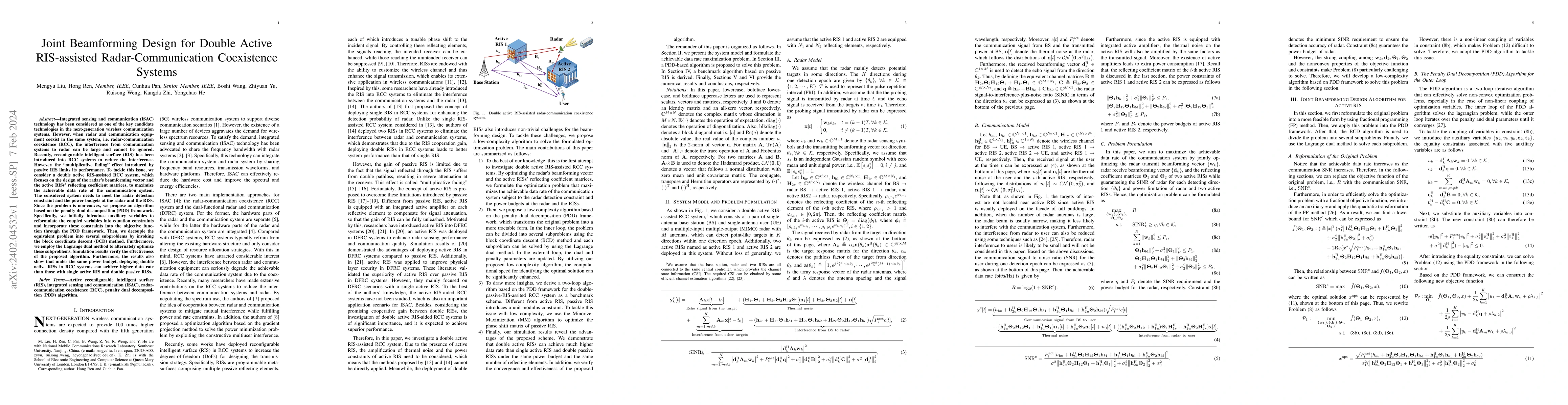 Thumbnail for Joint Beamforming Design for Double Active RIS-assisted
  Radar-Communication Coexistence Systems