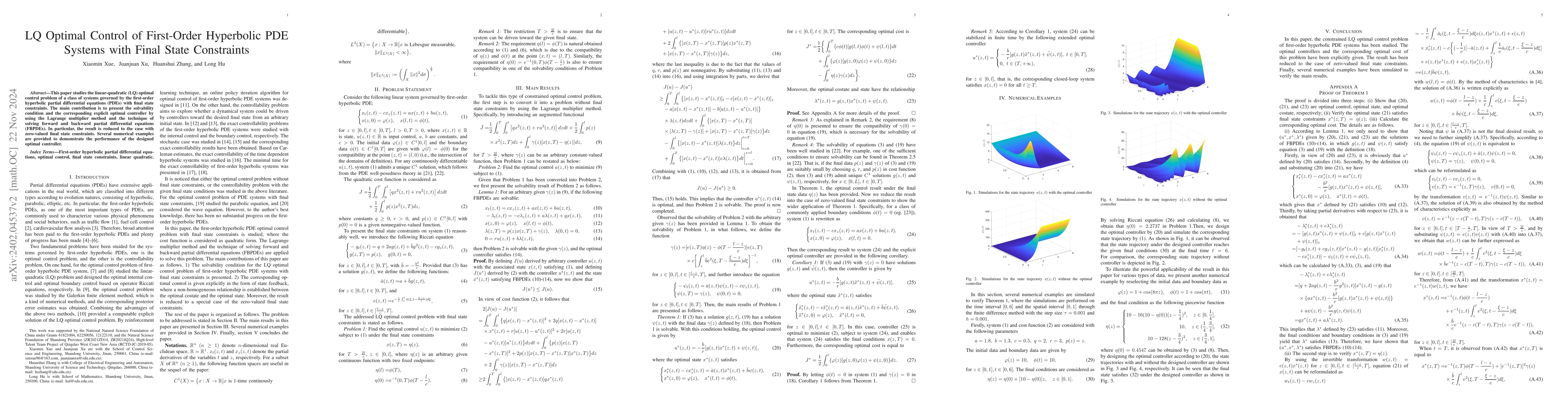 Thumbnail for LQ Optimal Control of First-Order Hyperbolic PDE Systems with Final
  State Constraints