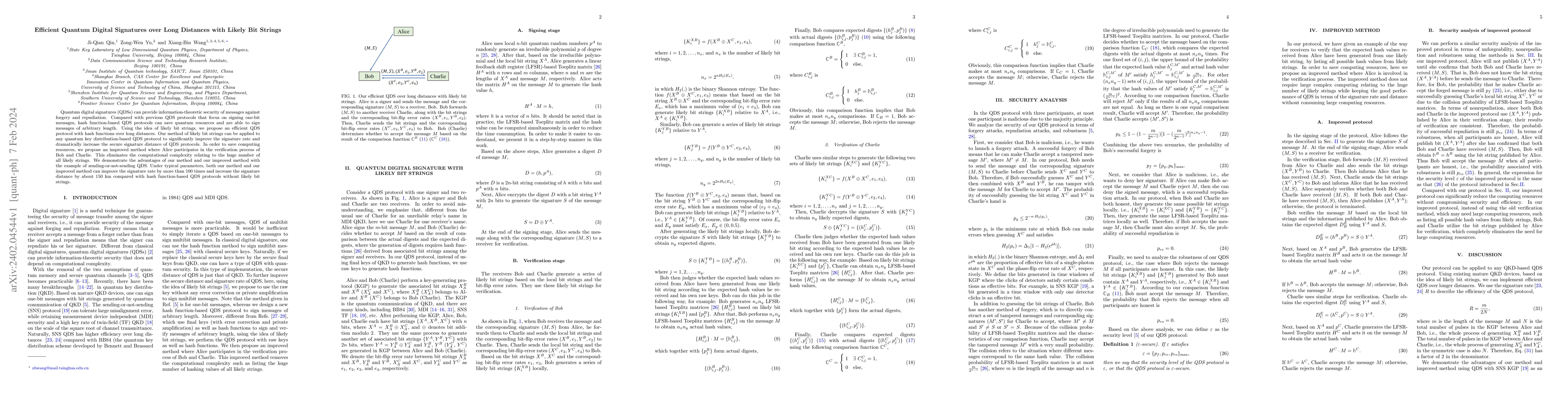 Thumbnail for Efficient Quantum Digital Signatures over Long Distances with Likely Bit
  Strings