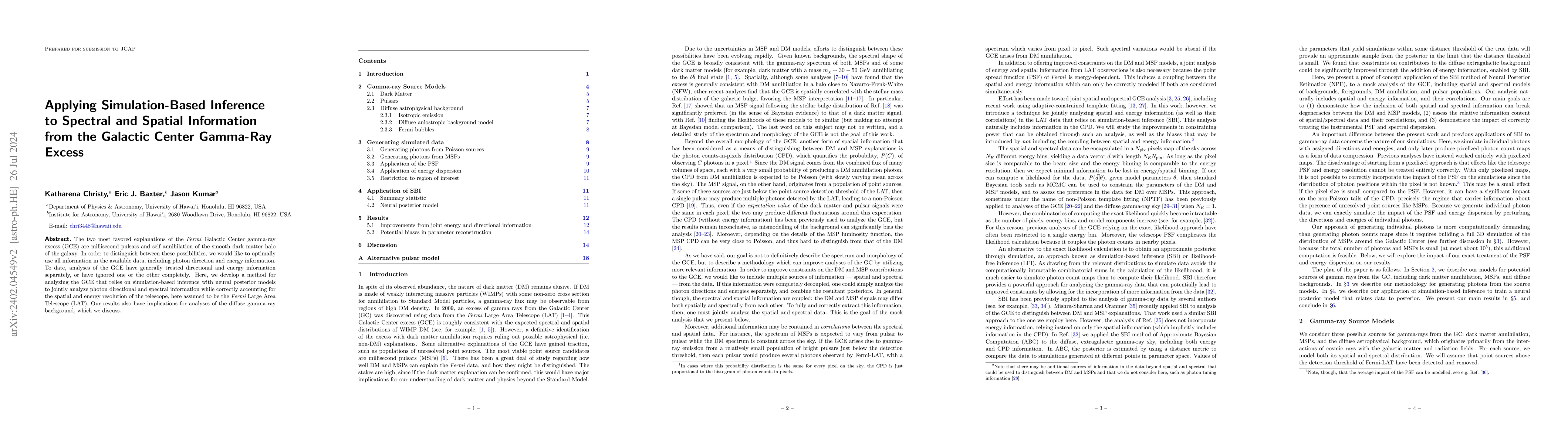 Thumbnail for Applying Simulation-Based Inference to Spectral and Spatial Information
  from the Galactic Center Gamma-Ray Excess