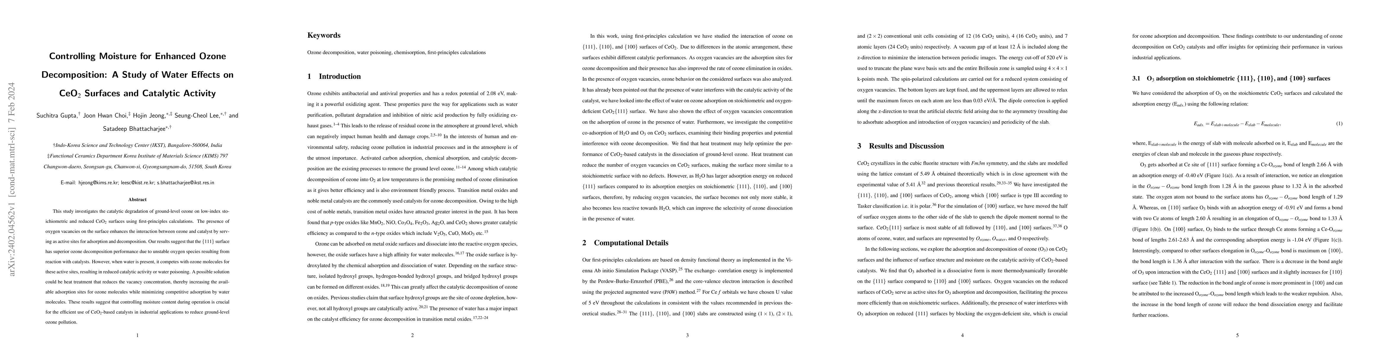 Thumbnail for Controlling Moisture for Enhanced Ozone Decomposition: A Study of Water
  Effects on CeO$_2$ Surfaces and Catalytic Activity