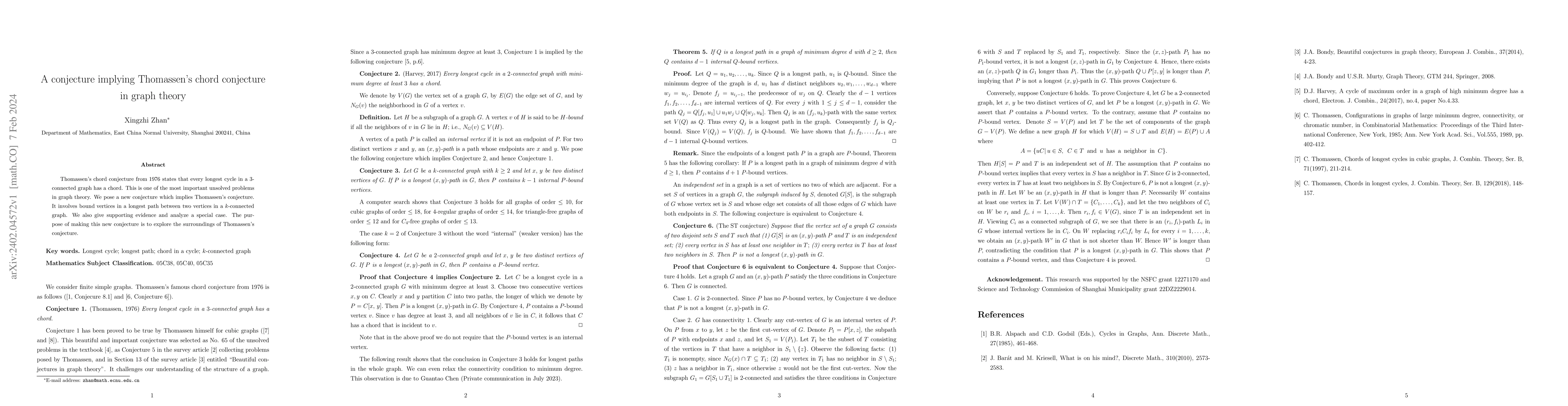 Thumbnail for A conjecture implying Thomassen's chord conjecture in graph theory