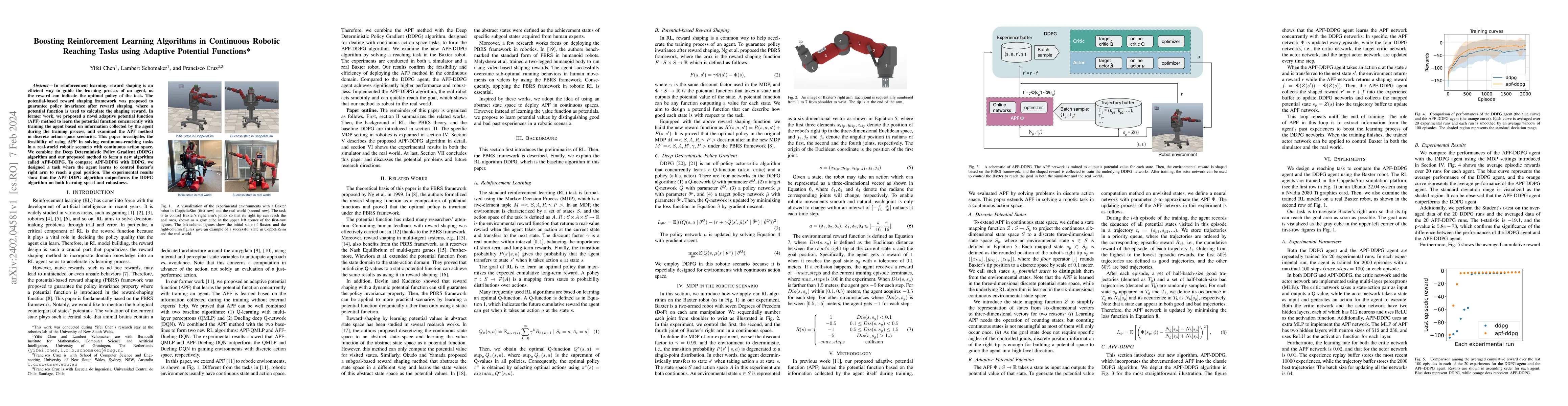 Thumbnail for Boosting Reinforcement Learning Algorithms in Continuous Robotic
  Reaching Tasks using Adaptive Potential Functions