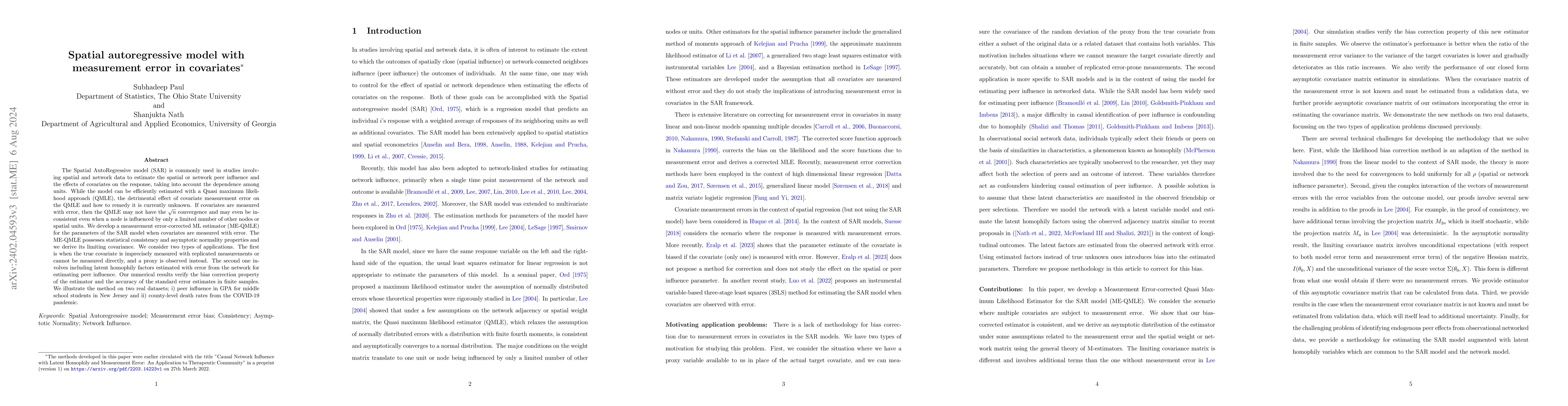 Thumbnail for Spatial autoregressive model with measurement error in covariates
