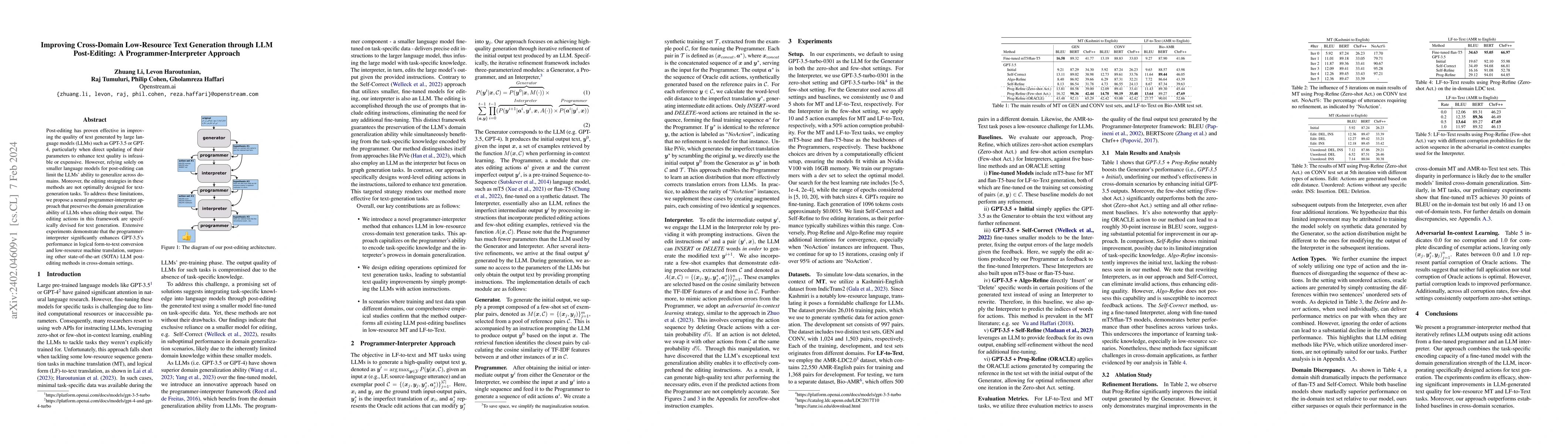 Thumbnail for Improving Cross-Domain Low-Resource Text Generation through LLM
  Post-Editing: A Programmer-Interpreter Approach