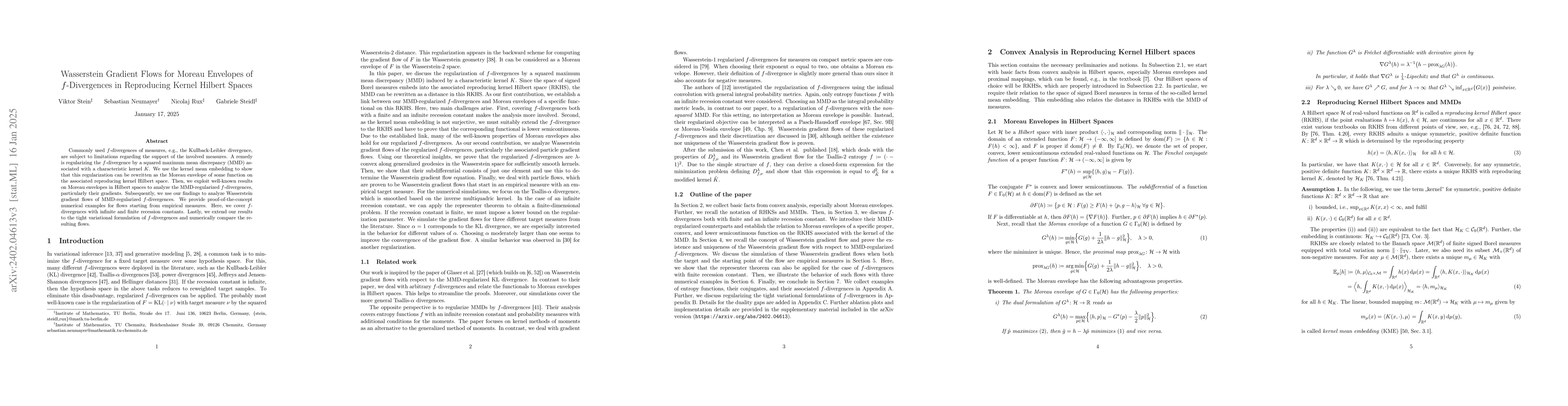 Thumbnail for Wasserstein Gradient Flows for Moreau Envelopes of f-Divergences in
  Reproducing Kernel Hilbert Spaces
