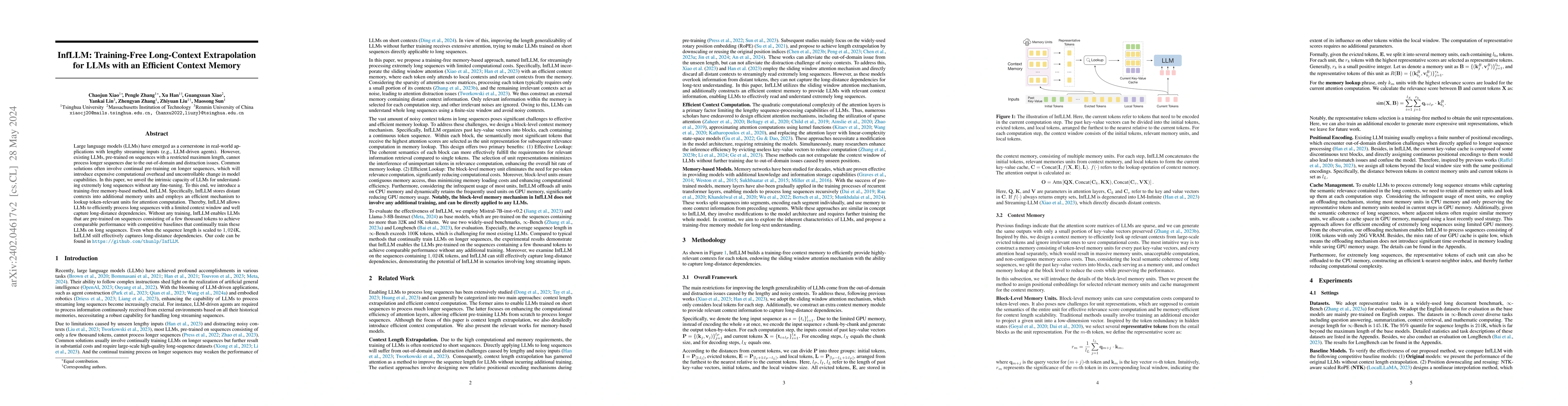 Thumbnail for InfLLM: Training-Free Long-Context Extrapolation for LLMs with an
  Efficient Context Memory