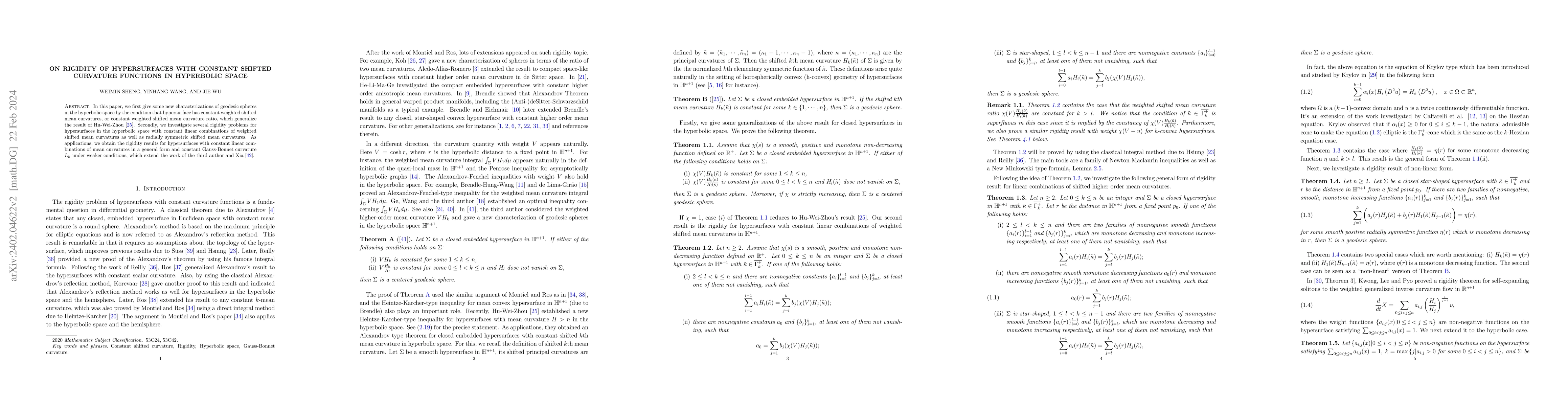 Thumbnail for On rigidity of hypersurfaces with constant shifted curvature functions
  in hyperbolic space