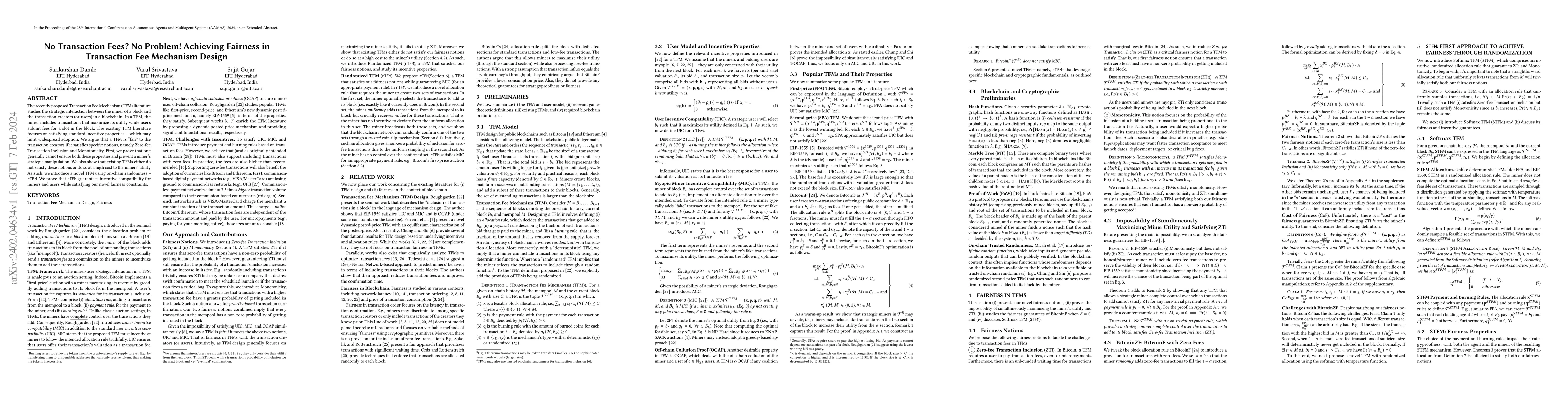 Thumbnail for No Transaction Fees? No Problem! Achieving Fairness in Transaction Fee
  Mechanism Design