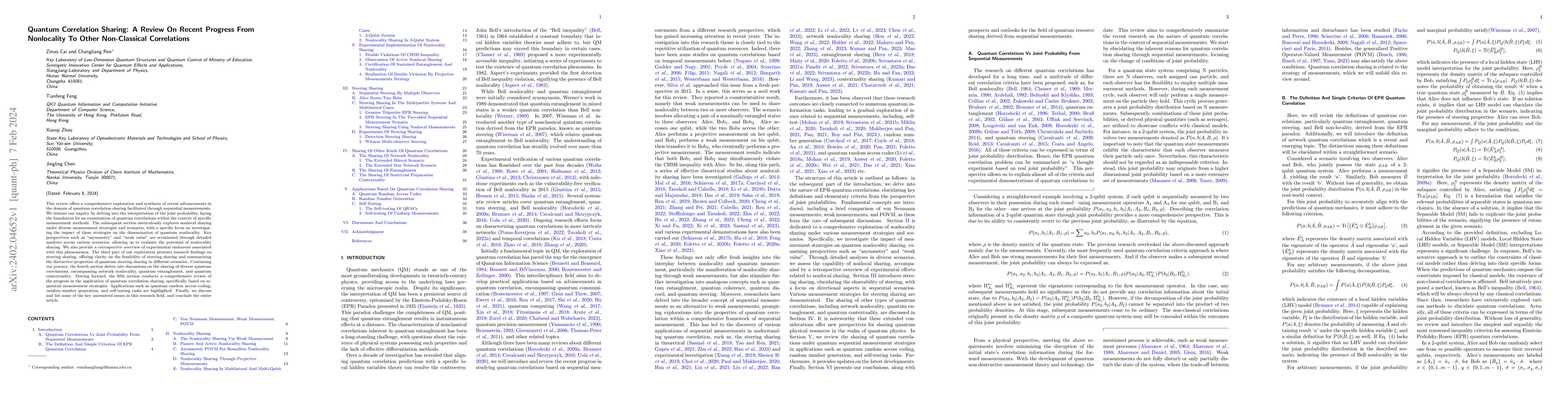Thumbnail for Quantum Correlation Sharing: A Review On Recent Progress From
  Nonlocality To Other Non-Classical Correlations
