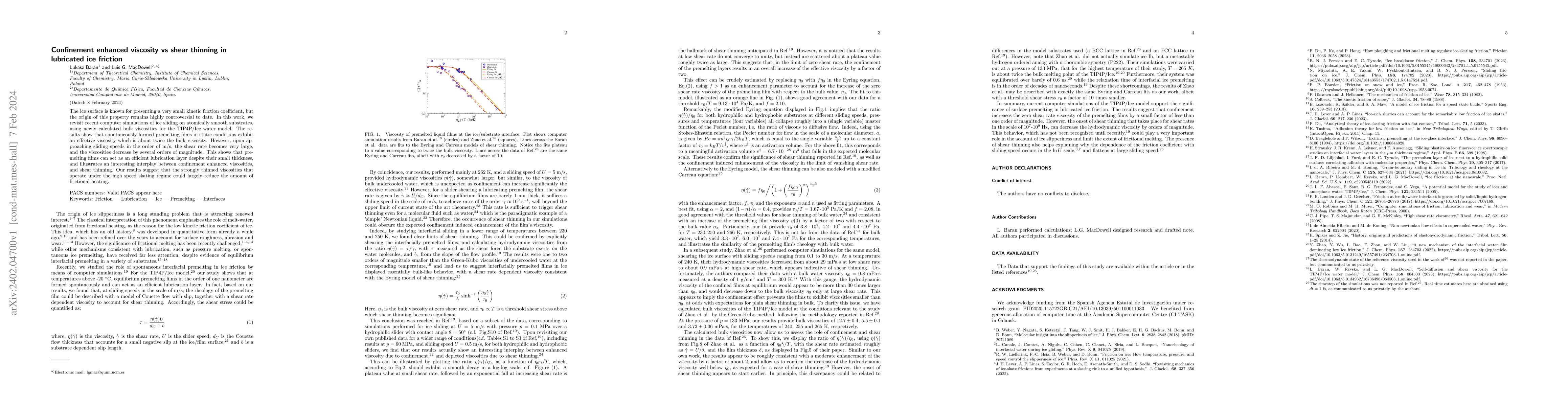 Thumbnail for Confinement enhanced viscosity vs shear thinning in lubricated ice
  friction