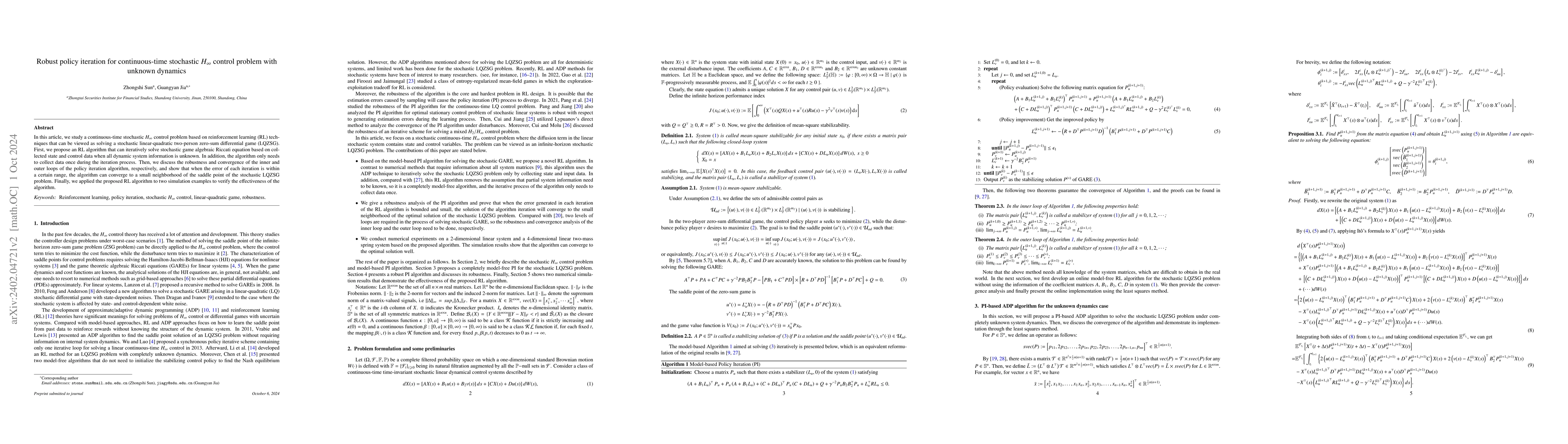Thumbnail for Robust policy iteration for continuous-time stochastic $H_\infty$
  control problem with unknown dynamics