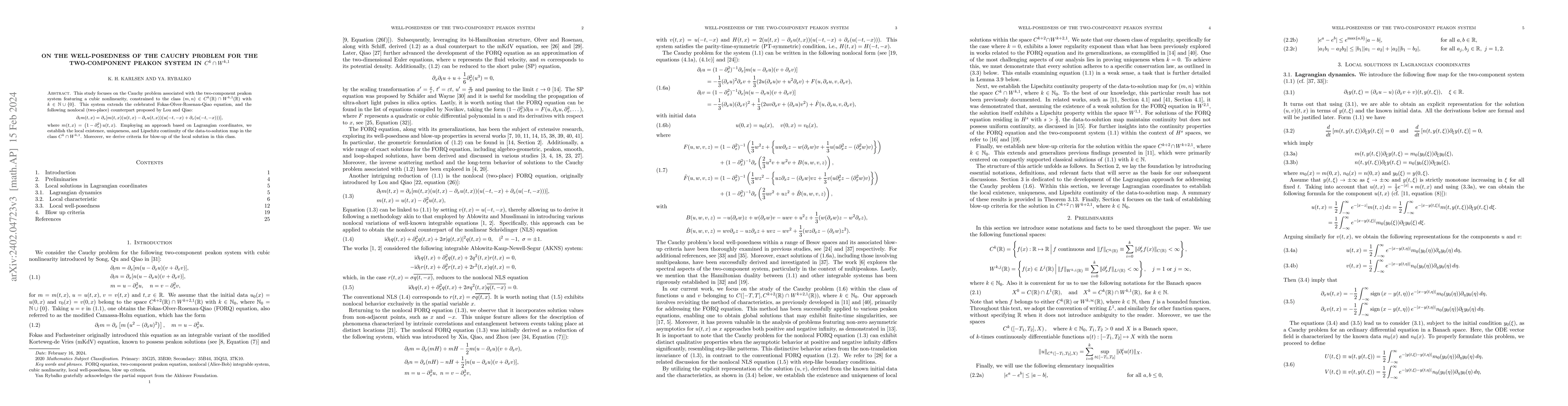 Thumbnail for On the well-posedness of the Cauchy problem for the two-component peakon
  system in $C^k\cap W^{k,1}$