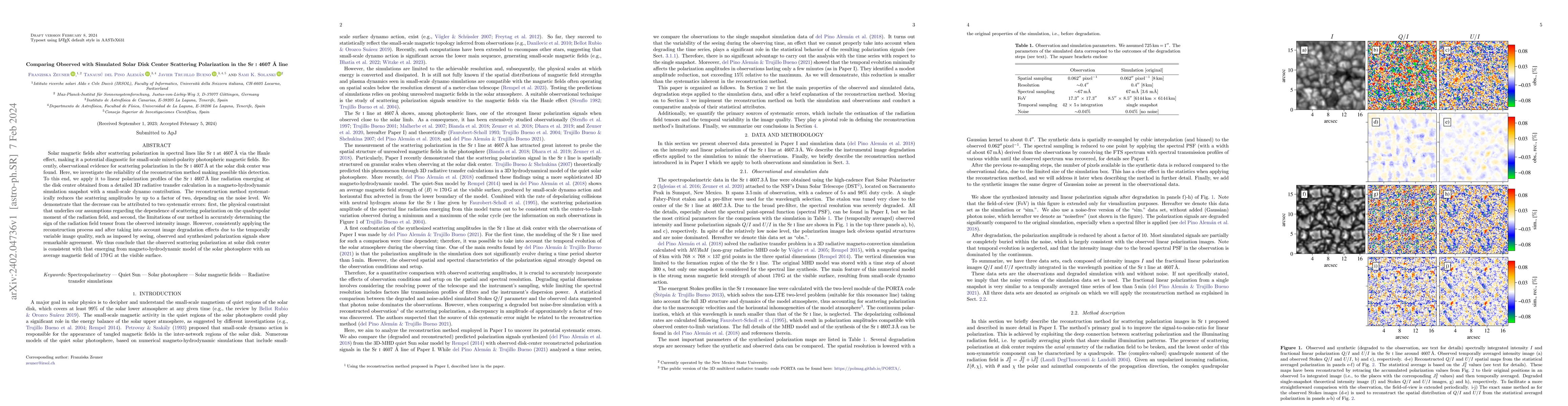 Thumbnail for Comparing Observed with Simulated Solar Disk Center Scattering
  Polarization in the Sr I 4607 {\AA} line