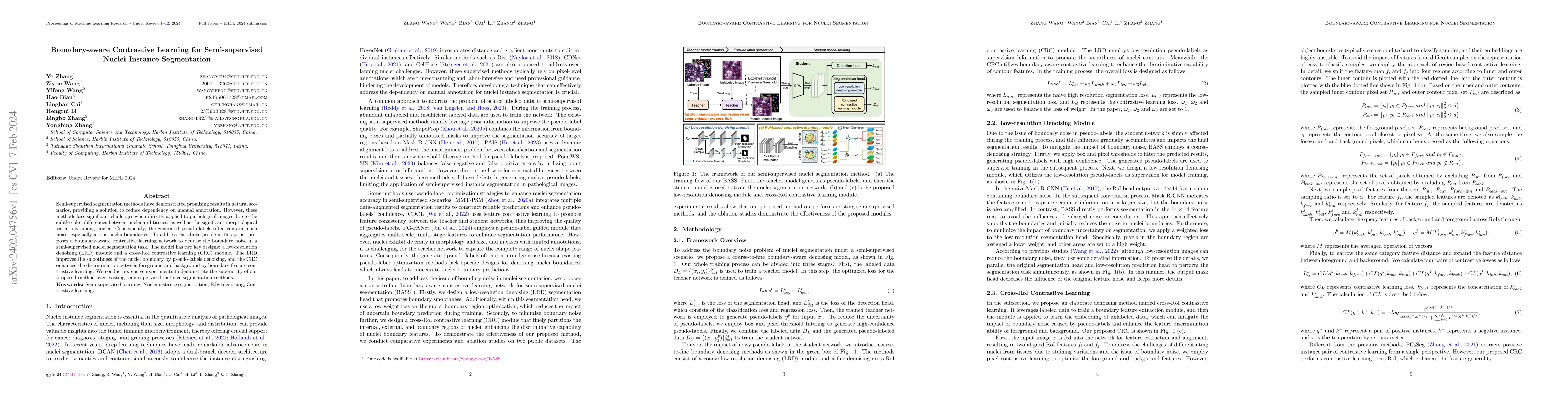 Thumbnail for Boundary-aware Contrastive Learning for Semi-supervised Nuclei Instance
  Segmentation