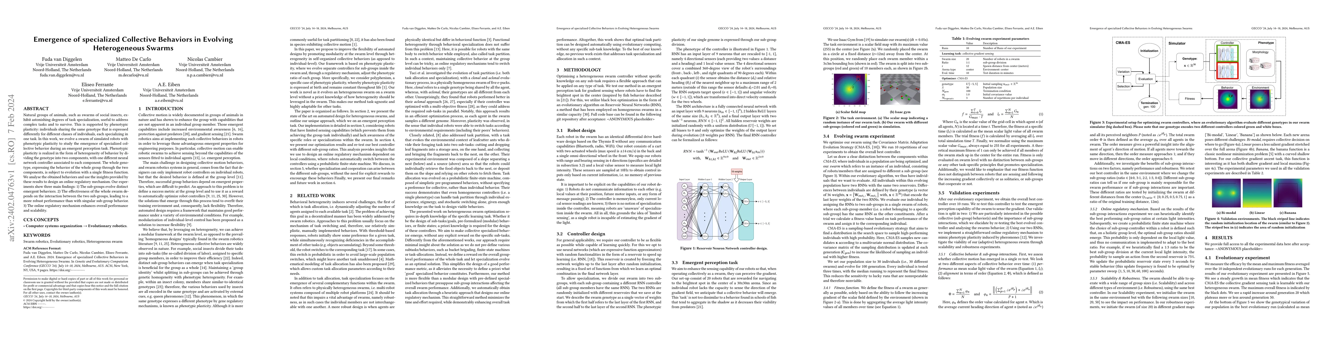 Thumbnail for Emergence of specialized Collective Behaviors in Evolving Heterogeneous
  Swarms