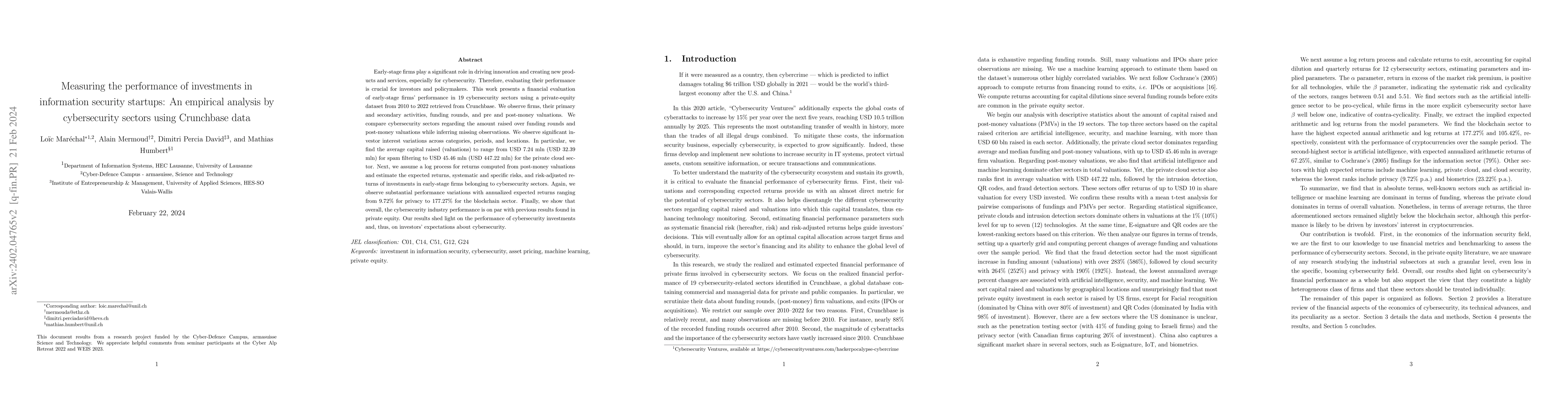 Thumbnail for Measuring the performance of investments in information security
  startups: An empirical analysis by cybersecurity sectors using Crunchbase
  data