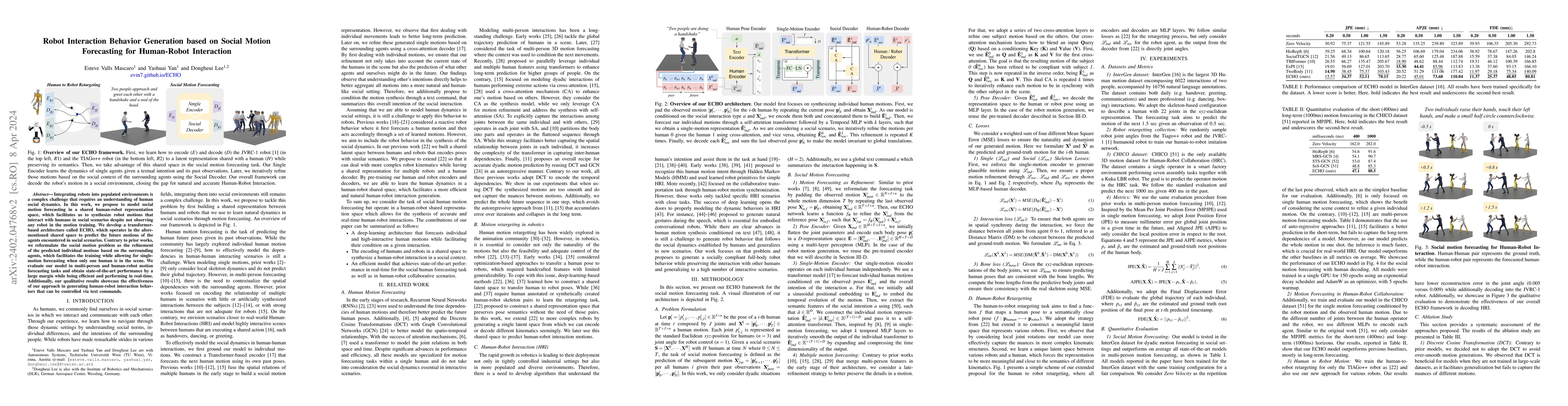 Thumbnail for Robot Interaction Behavior Generation based on Social Motion Forecasting
  for Human-Robot Interaction