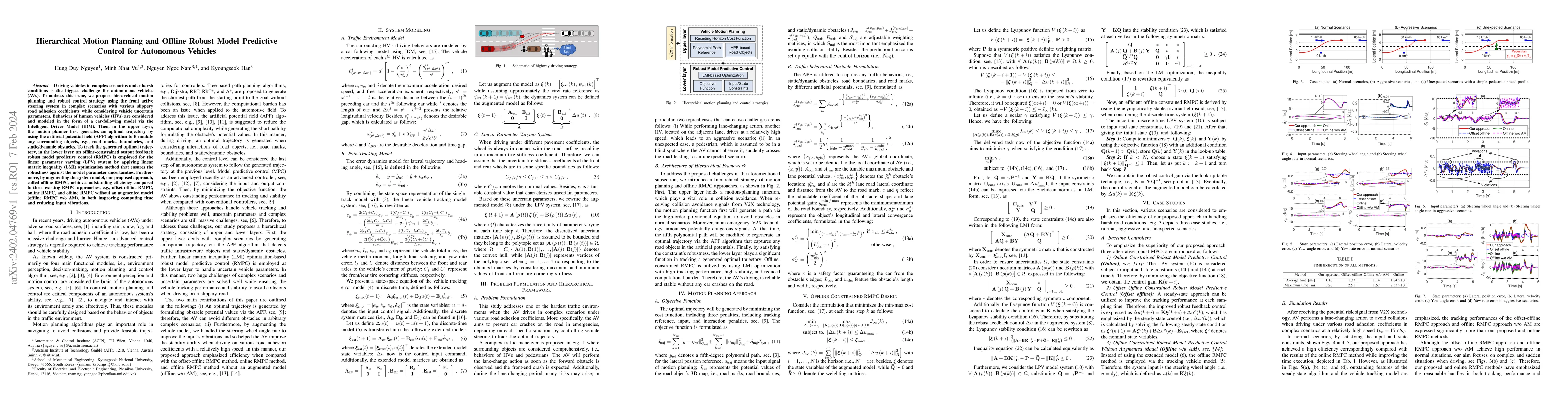 Thumbnail for Hierarchical Motion Planning and Offline Robust Model Predictive Control
  for Autonomous Vehicles