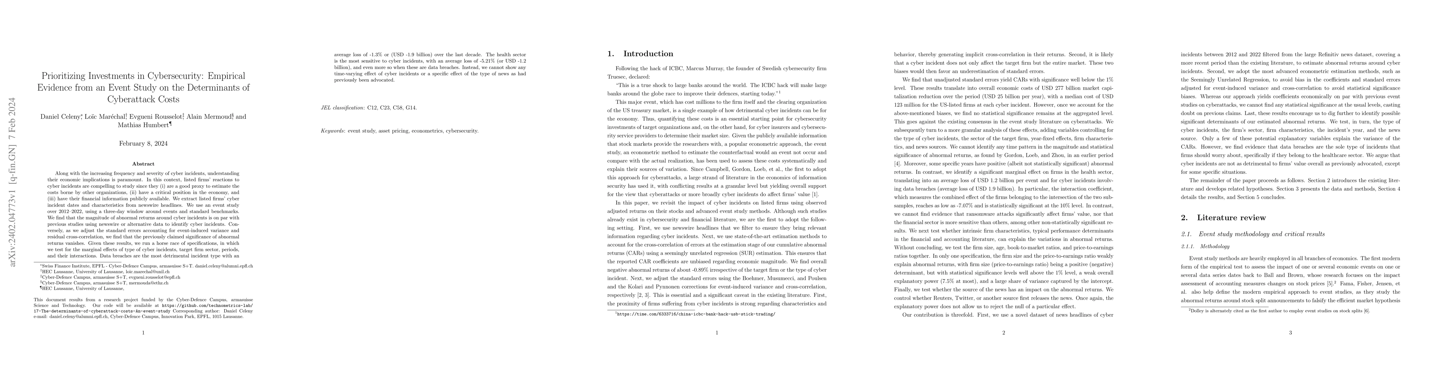 Thumbnail for Prioritizing Investments in Cybersecurity: Empirical Evidence from an
  Event Study on the Determinants of Cyberattack Costs