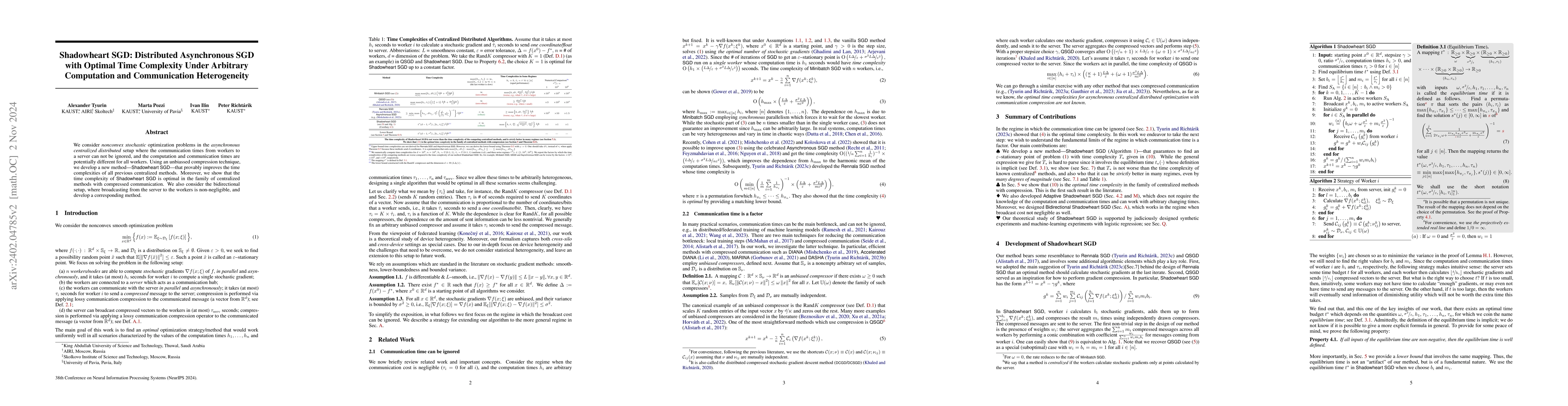 Thumbnail for Shadowheart SGD: Distributed Asynchronous SGD with Optimal Time
  Complexity Under Arbitrary Computation and Communication Heterogeneity