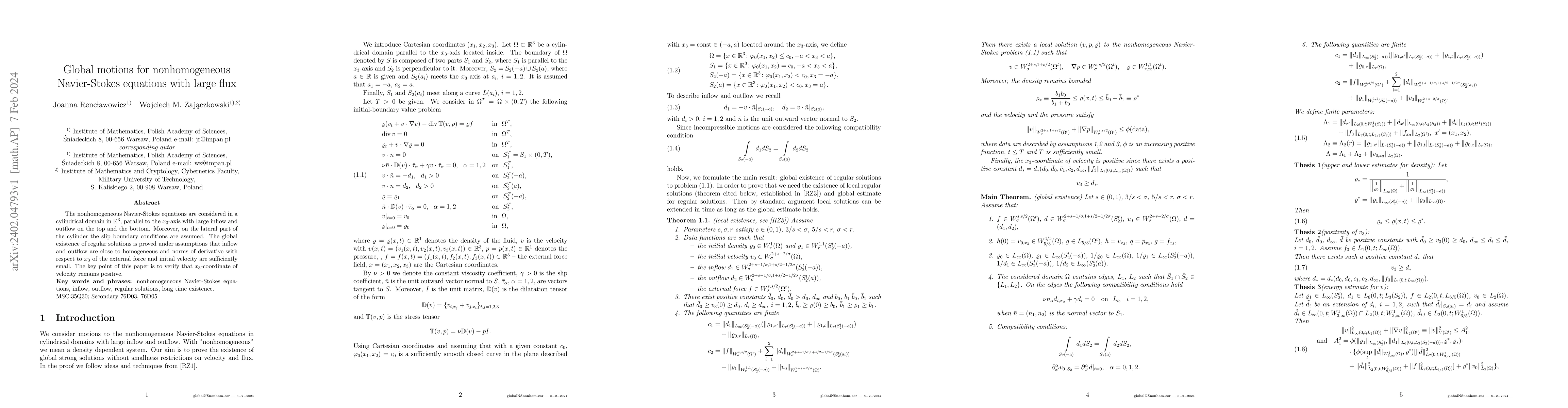 Thumbnail for Global motions for nonhomogeneous Navier-Stokes equations with large
  flux