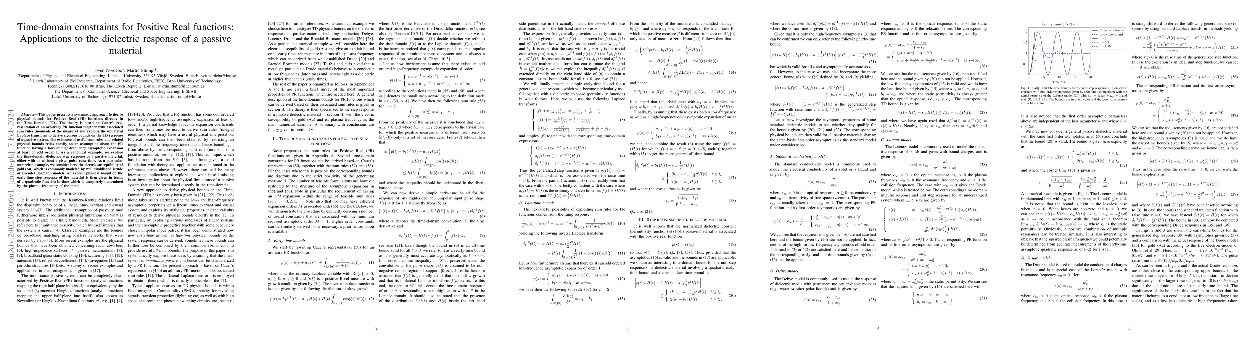 Thumbnail for Time-domain constraints for Positive Real functions: Applications to the
  dielectric response of a passive material