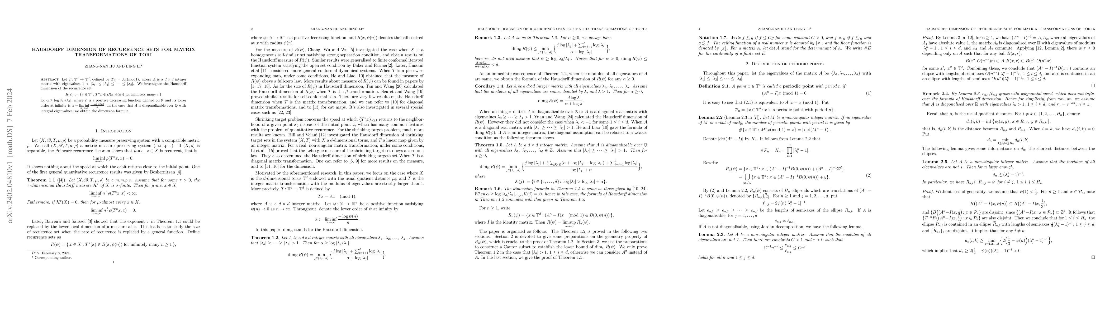 Thumbnail for Hausdorff dimension of recurrence sets for matrix transformations of
  tori