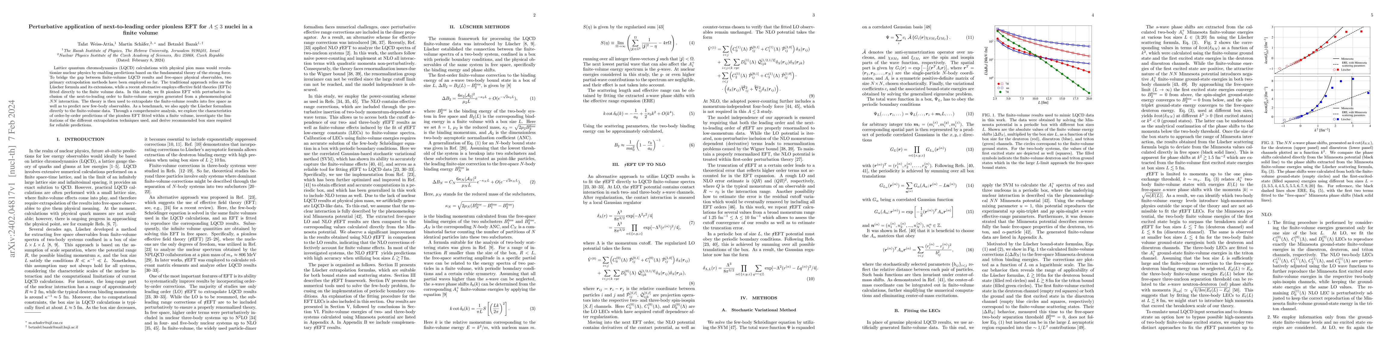 Thumbnail for Perturbative application of next-to-leading order pionless EFT for
  $A\le3$ nuclei in a finite volume