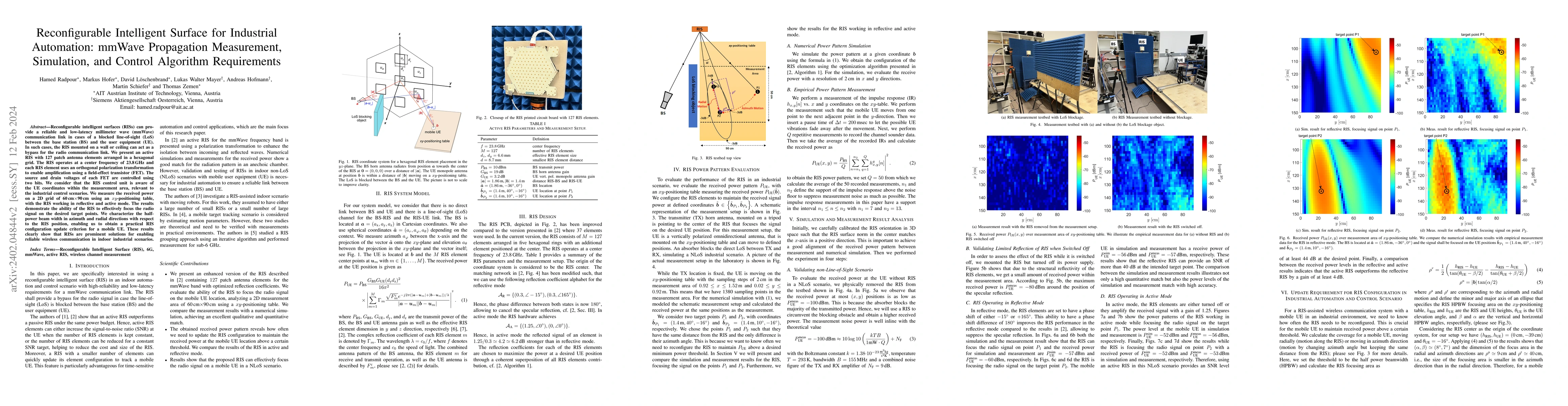Thumbnail for Reconfigurable Intelligent Surface for Industrial Automation: mmWave
  Propagation Measurement, Simulation, and Control Algorithm Requirements
