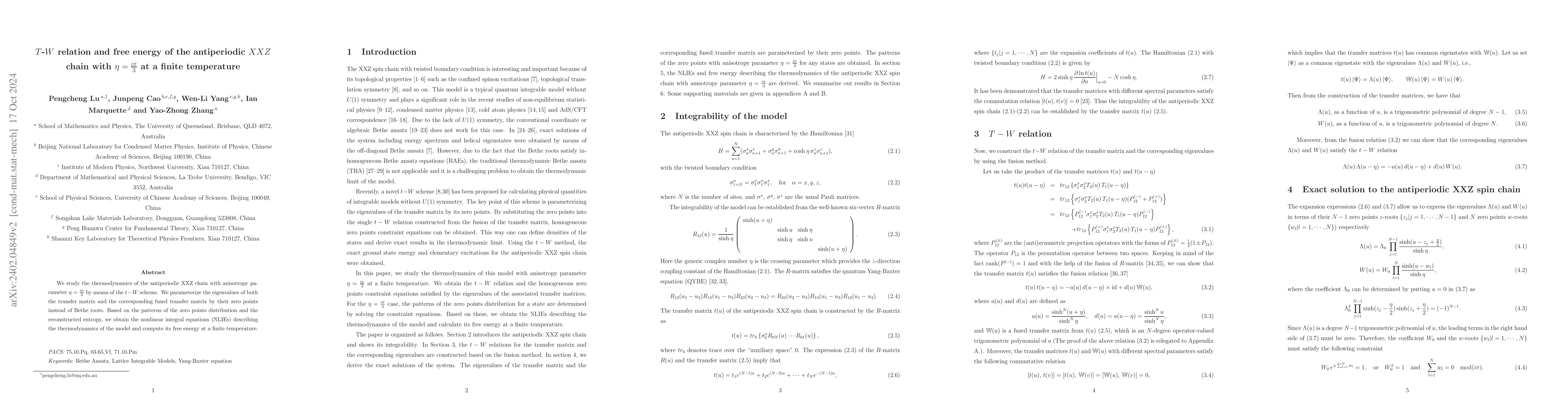 Thumbnail for T-W relation and free energy of the antiperiodic XXZ chain with
  {\eta}=i{\pi}/3 at a finite temperature